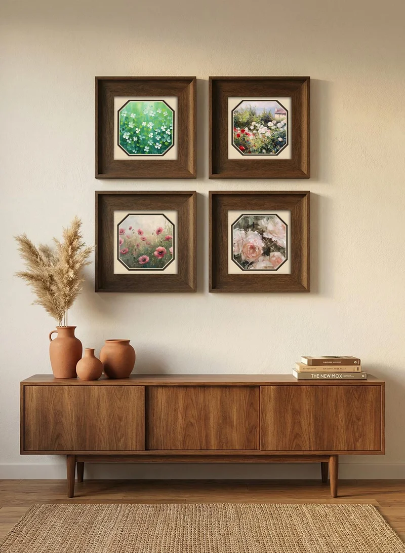 LOWHA Set of 4 Canvas Wall Art Stretched Over Wooden Frame with Vintage Brown Floating Frame and Garden Medallions Design